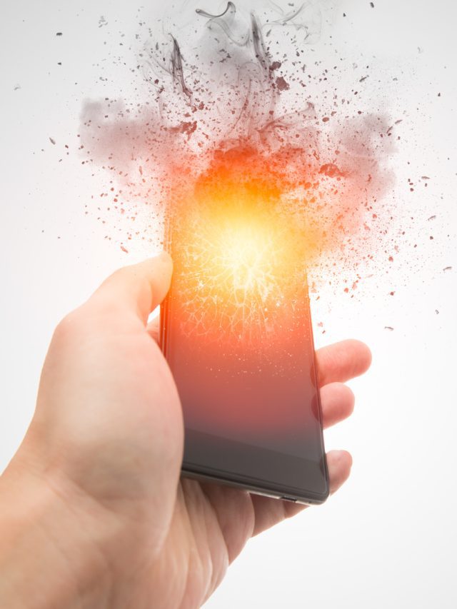 smartphone explosion, blow up cellphone battery or explosive mobile phone or explode burst fire burn out smart device with dispersion effect.