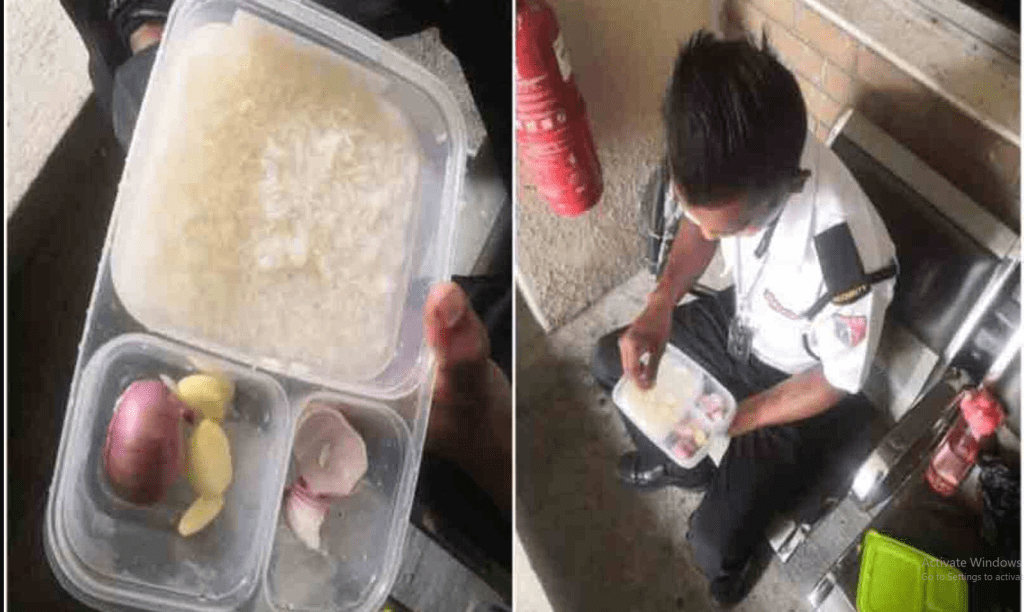 viral-pictures-of-security-gaurd-eating-galric-and-onion-with-rice